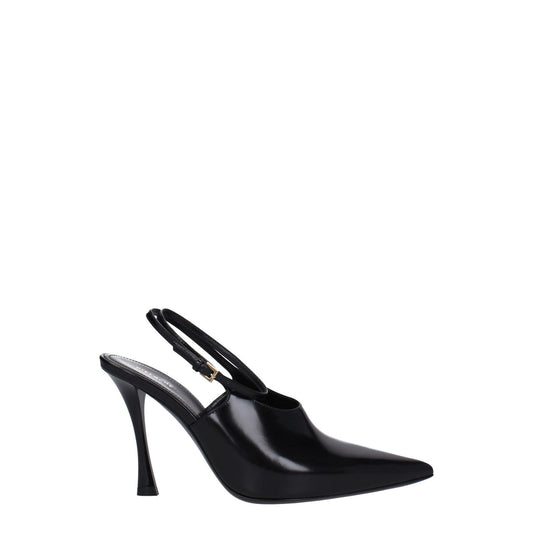 Givenchy Black Leather High Heel Pumps with buckle closure, pointy toe, and 9.5 cm heel, designed with stylish gold accents.
