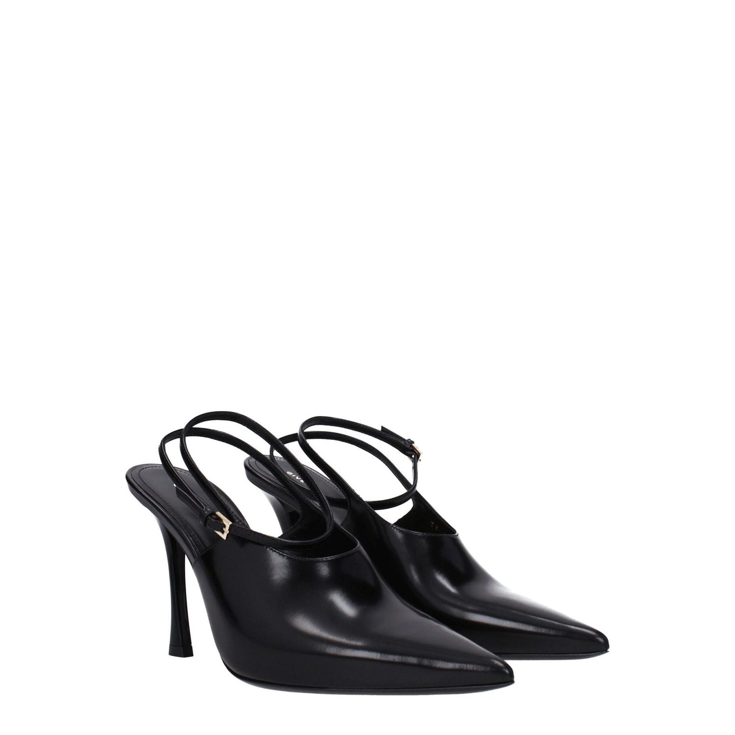 Givenchy Black Leather High Heel Pumps with pointy toe and buckle closure, stylish design, 9.5 cm heel, leather sole.