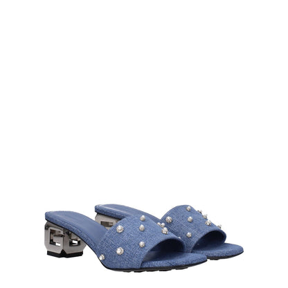 Givenchy Blue Fabric Flat Sandals with side logo, beaded rhinestones, open toe, leather sole, mid heels; stylish vintage design.