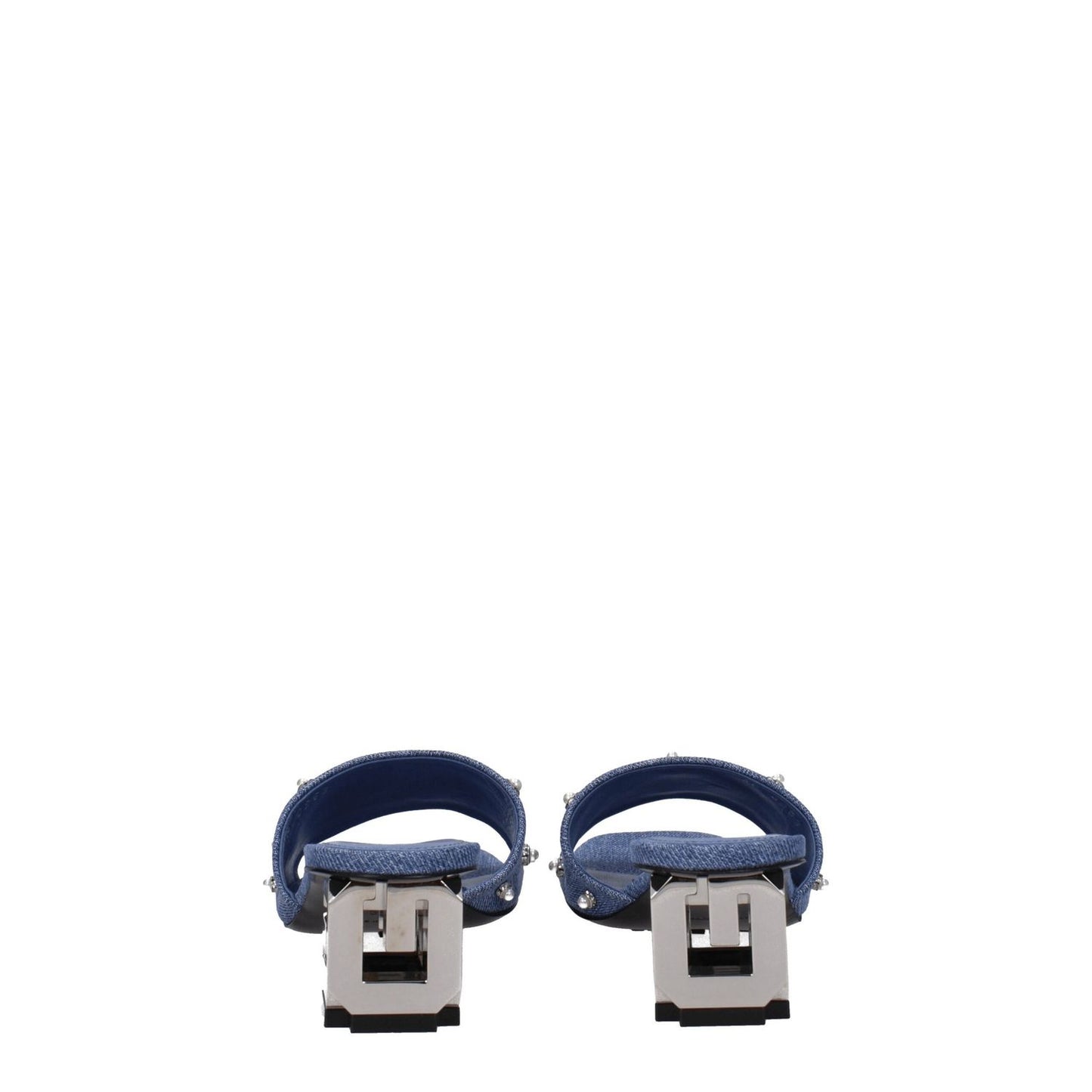 Rear view of Givenchy Blue Fabric Flat Sandals with side logo, beaded rhinestone embellishments, leather soles and mid heels.