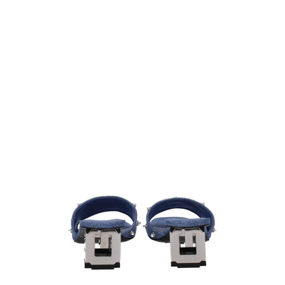 Rear view of Givenchy Blue Fabric Flat Sandals with side logo, beaded rhinestone embellishments, leather soles and mid heels.