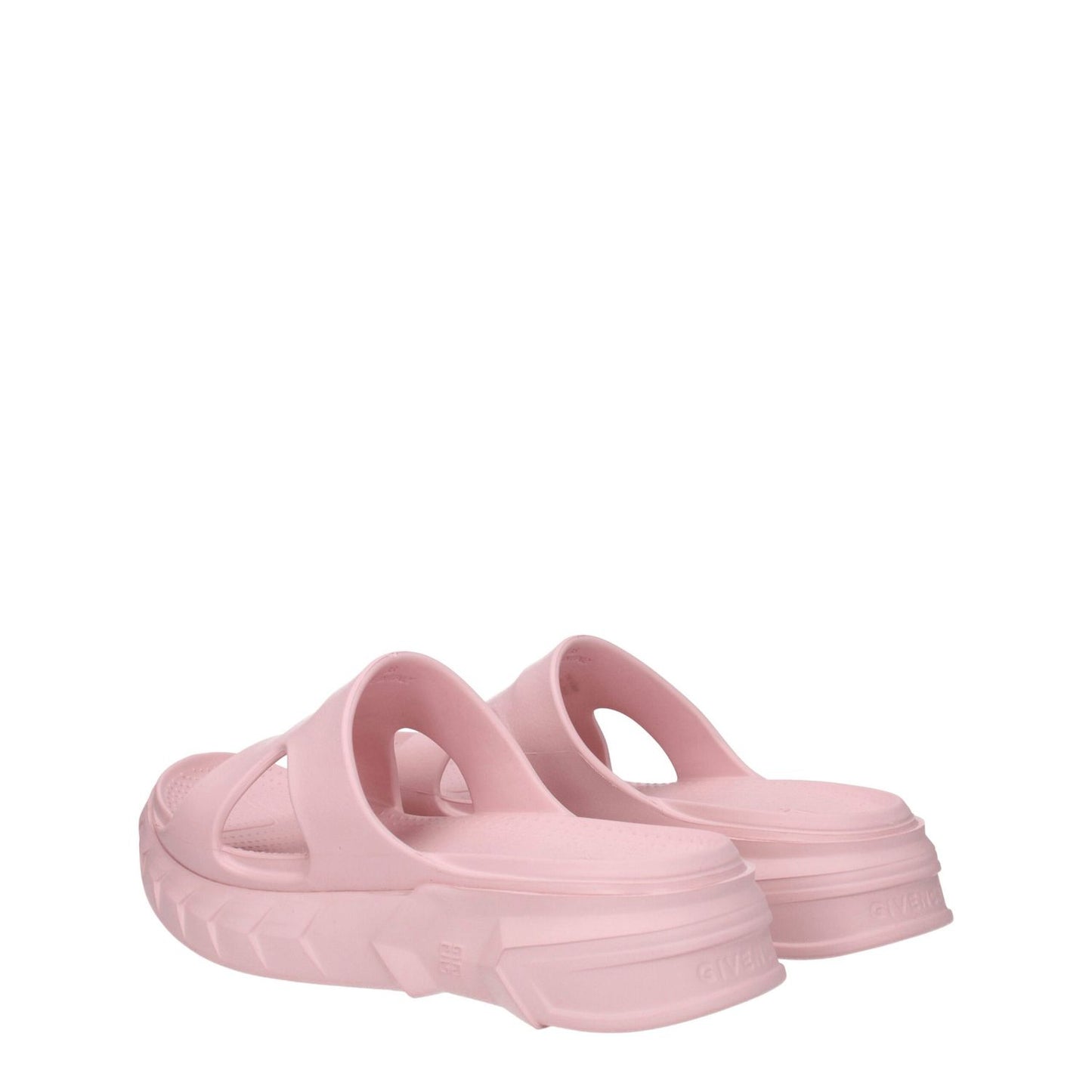 Givenchy Pink Cotton Slippers with open toe and back logo, featuring a rubber sole and mid heels in blush pink. Casual style footwear.