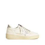 Golden Goose Ballstar 2 Sneakers in white with silver-tone details, distressed look, glitter heel, star patch, and rubber sole.