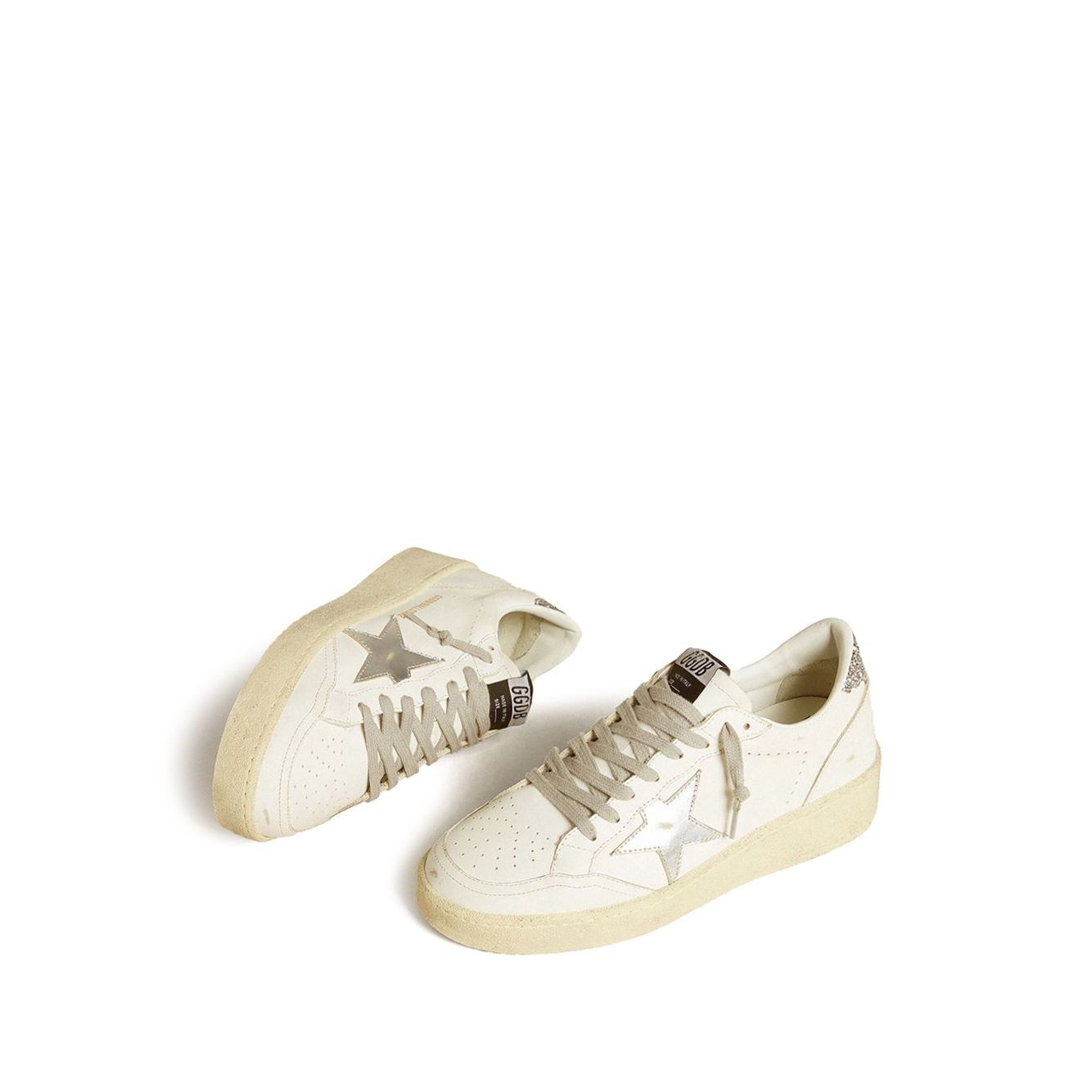 Golden Goose Ballstar 2 Sneakers in white with silver-tone star patch, distressed effect, and glitter detailing on contrasting heel.