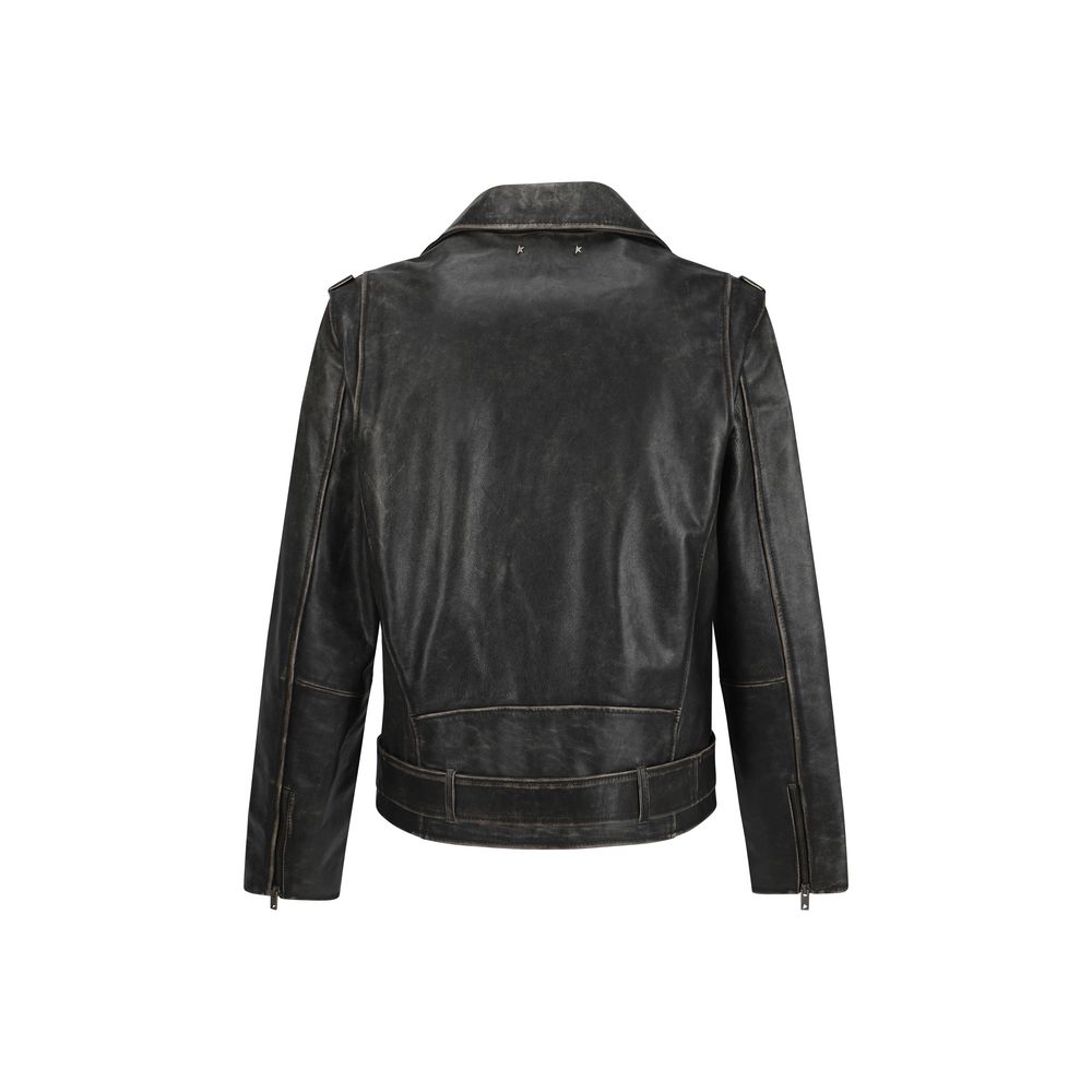 Back view of Golden Goose Brown Calf Leather Bos Taurus Biker Jacket with vintage design and zipper details.