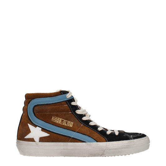 Golden Goose Brown Leather High Top Sneakers with vintage and aged effects, side logo, and rubber sole, featuring suede in brown and black.