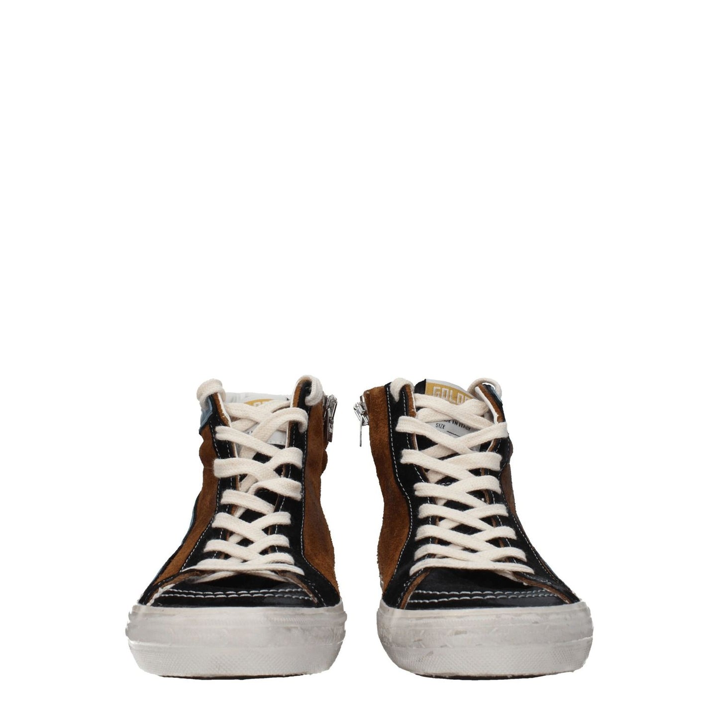 Golden Goose Brown Leather High Top Sneakers with white laces, featuring vintage and side logo detailing in suede and leather.