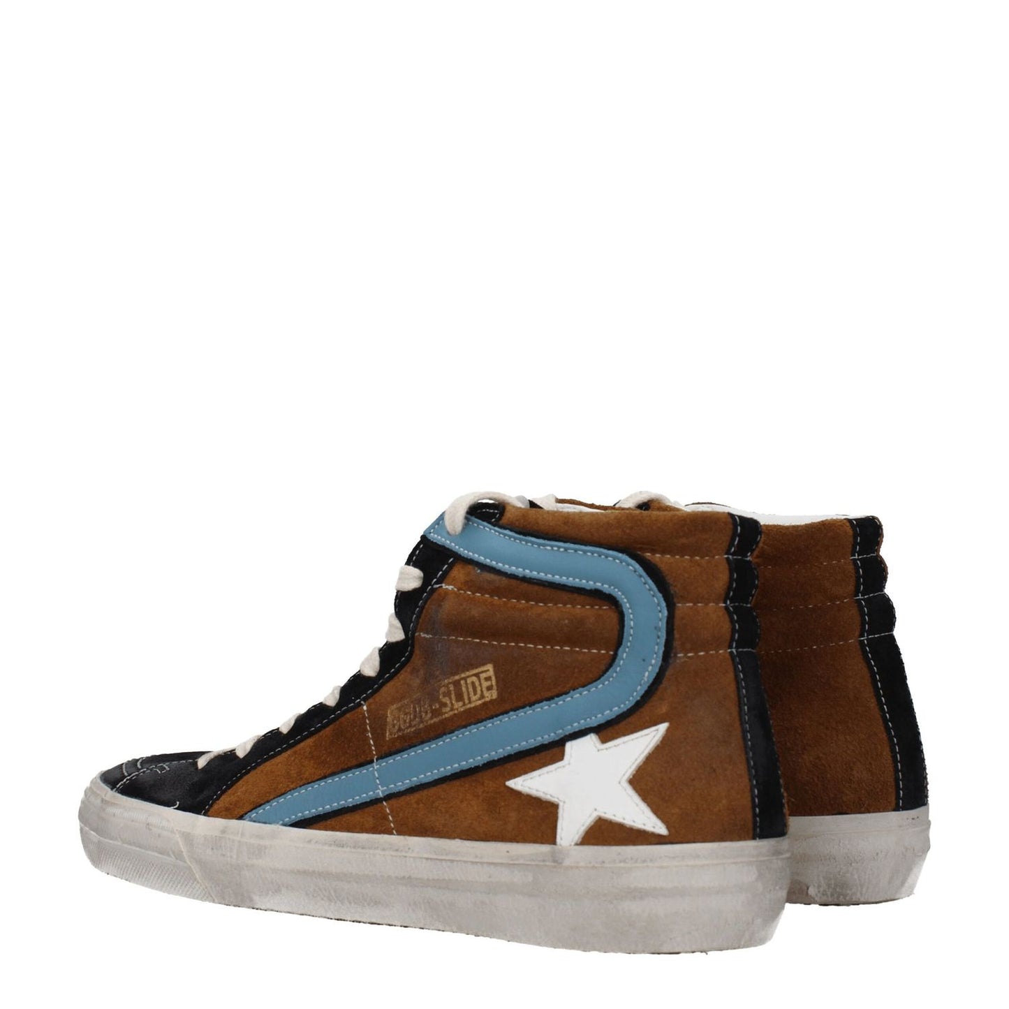Golden Goose Brown Leather High Top Sneakers with vintage effect, suede detailing, low flat heel, and round toe design.