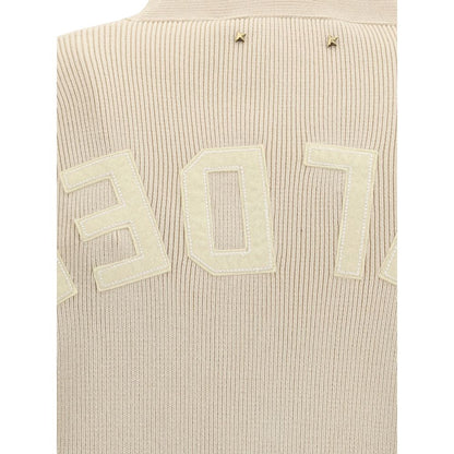 Golden Goose Cream Cotton Cardigan back view with logo applique detail, showcasing ribbed texture and iconic style. Sustainable fashion.