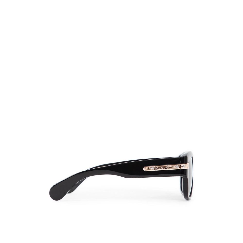 Side view of Gucci Black Acetate Sunglasses with shiny frame, 100% UVA/UVB protection, made in Japan.