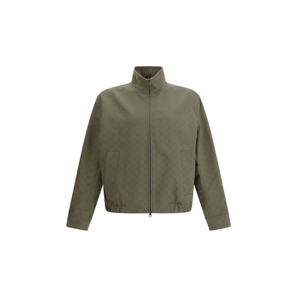 Gucci Green Cotton Bomber featuring GG Supreme design with high collar, zipper closure, side pockets, ribbed hem, AW25 collection.