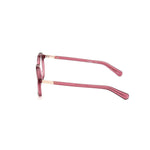 Side view of Guess Bordeaux Injected Frames showing pinkish-red color and temple design for unisex eyewear with UV filter 3 protection.