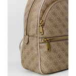 Close-up of Guess Brown Polyethylene Backpack with gold zippers and logo pattern.