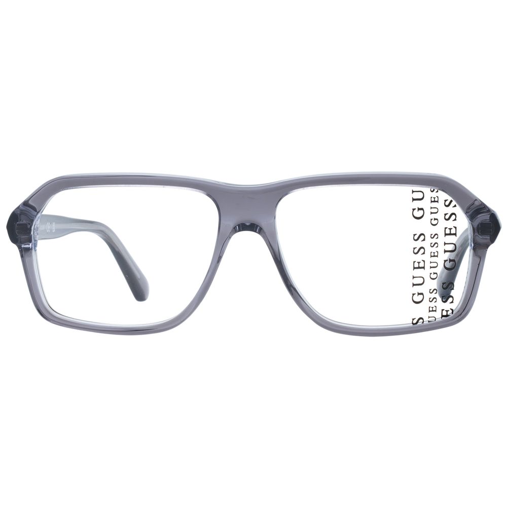 Guess Gray Men Glasses Frame in full-rim style with grey plastic frame, demo lenses, rectangle shape. Comes with branded case.