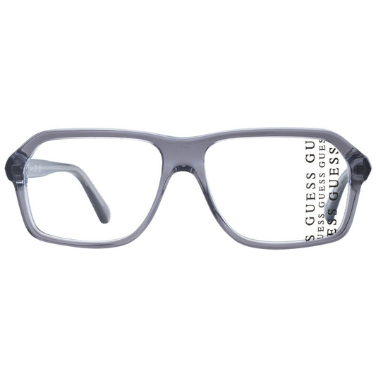 Guess Gray Men Glasses Frame in full-rim style with grey plastic frame, demo lenses, rectangle shape. Comes with branded case.