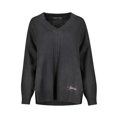 Guess Jeans Black Cotton Sweater with V-neck and contrasting details, featuring logo on long-sleeved design.