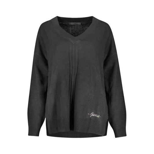 Guess Jeans Black Cotton Sweater with V-neck and contrasting details, featuring logo on long-sleeved design.