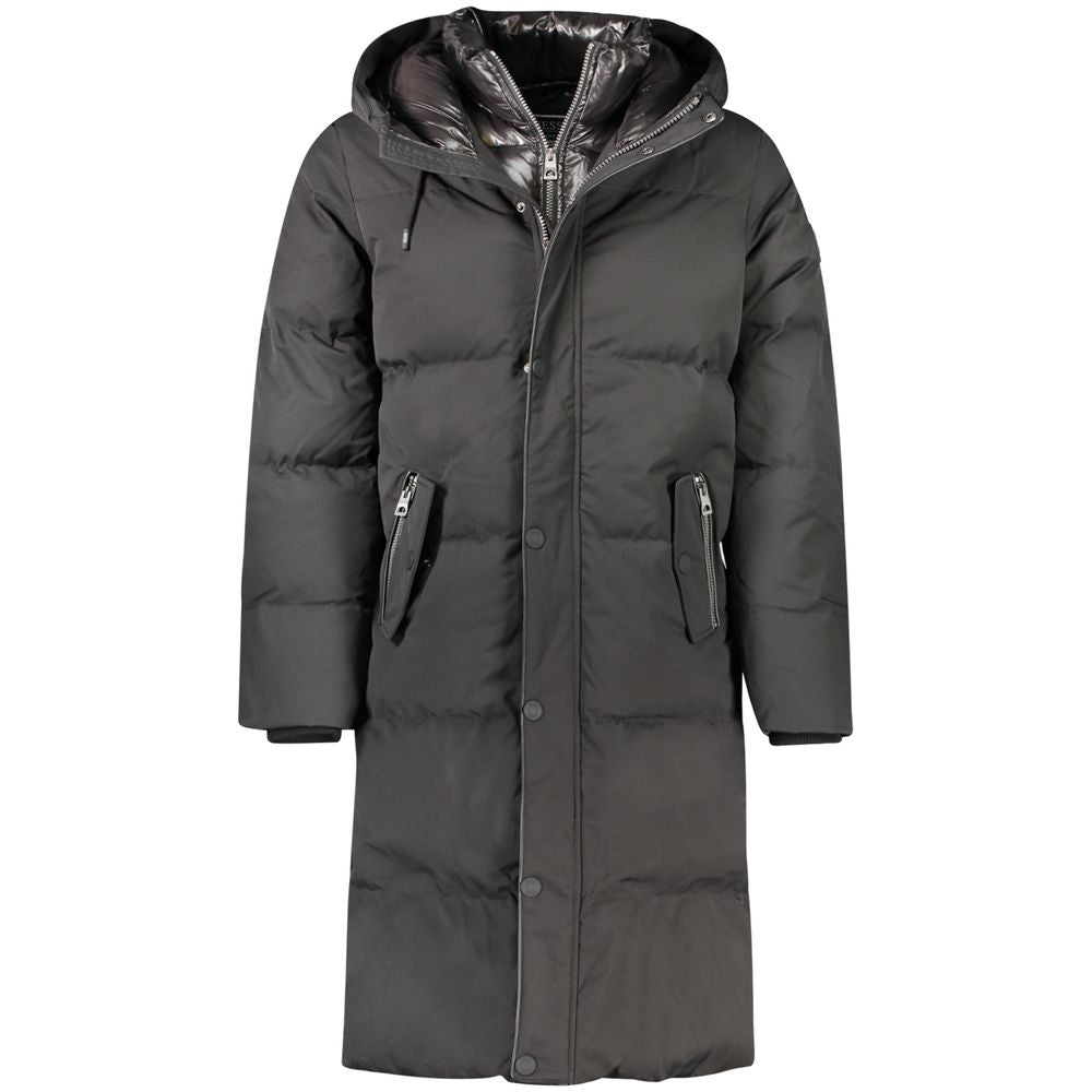 Guess Jeans Black Polyester Men Jacket with hood and double zipper, featuring water-resistant material and down filling for warmth.