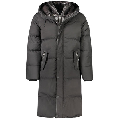 Guess Jeans Black Polyester Men Jacket with hood and double zipper, featuring water-resistant material and down filling for warmth.