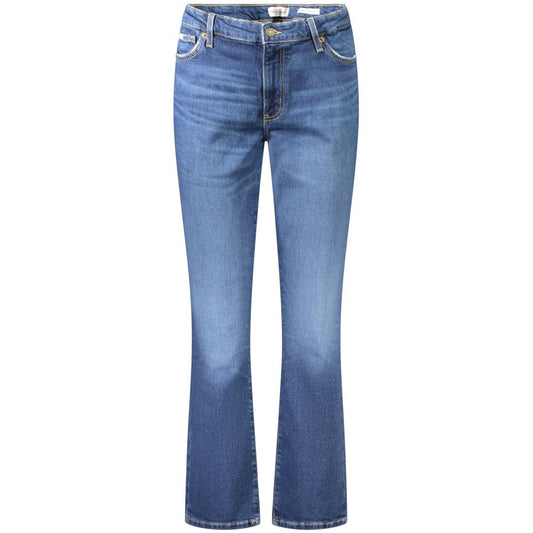 Guess Jeans Blue Cotton Women's Straight Jean with button and zip closure, featuring five pockets and iconic logo.