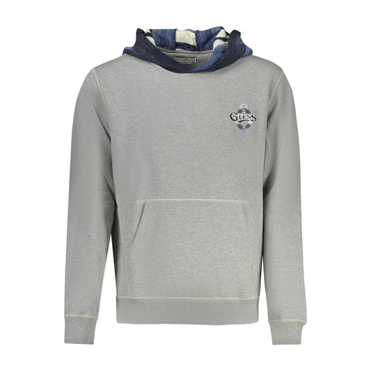 Alt Tag: Guess Jeans Gray Cotton Men Sweater with hood and front pocket, featuring iconic embroidery logo, long sleeves, and striking print detail.