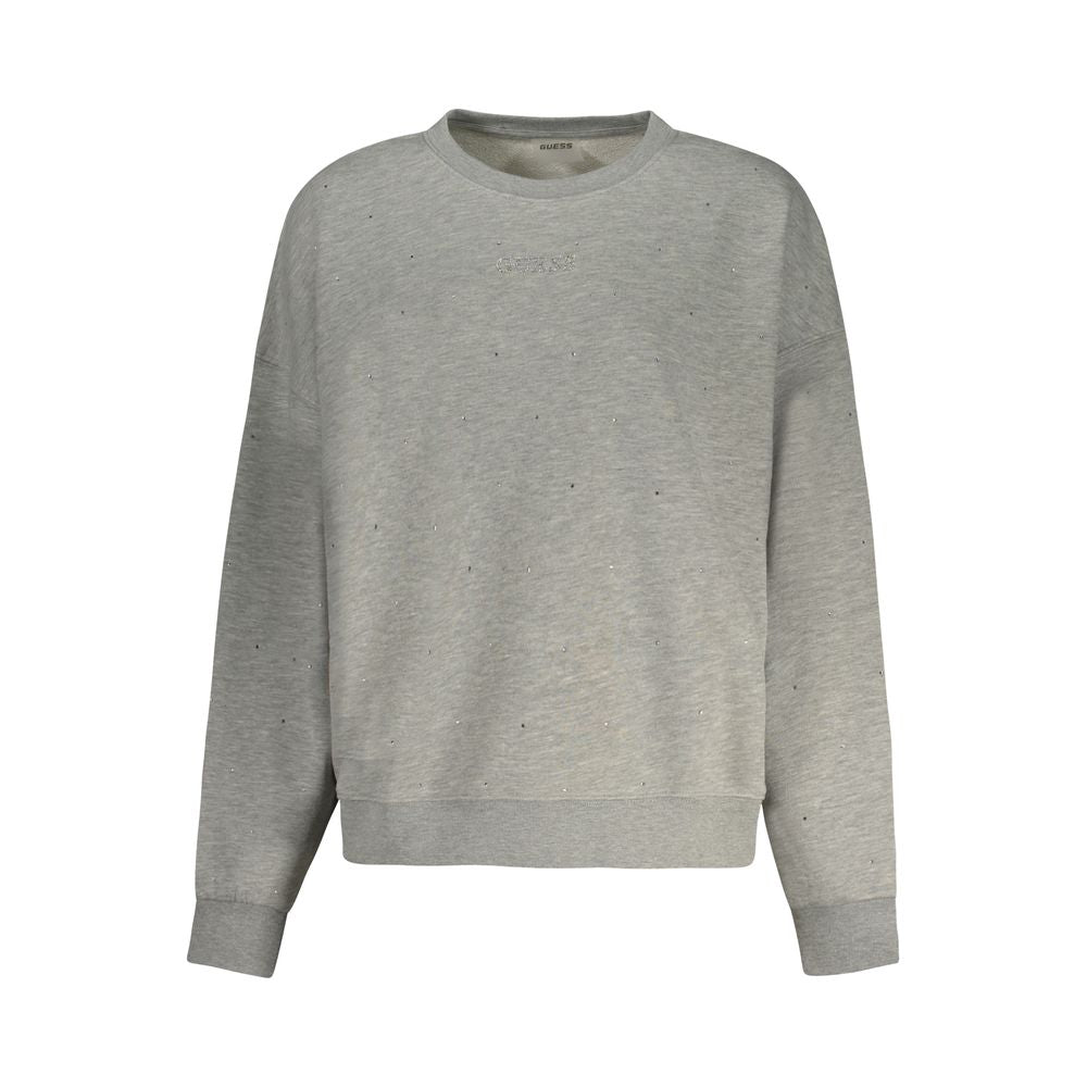 Guess Jeans Gray Cotton Women Sweater with crew neck and rhinestone detail for chic style.