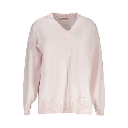 Guess Jeans Pink Acrylic Women Sweater with V-neck and long sleeves, featuring elegant design with contrasting details and iconic logo.