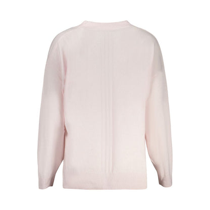 Back view of Guess Jeans Pink Acrylic Women Sweater with long sleeves and ribbed hem, showcasing chic and trendy design.