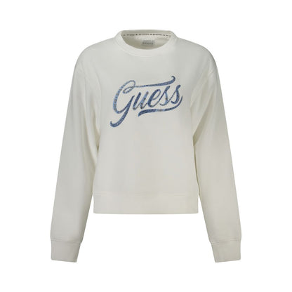 Guess Jeans White Cotton Women Sweater with rhinestones and embroidery, showcasing the Guess logo, perfect for casual chic style.