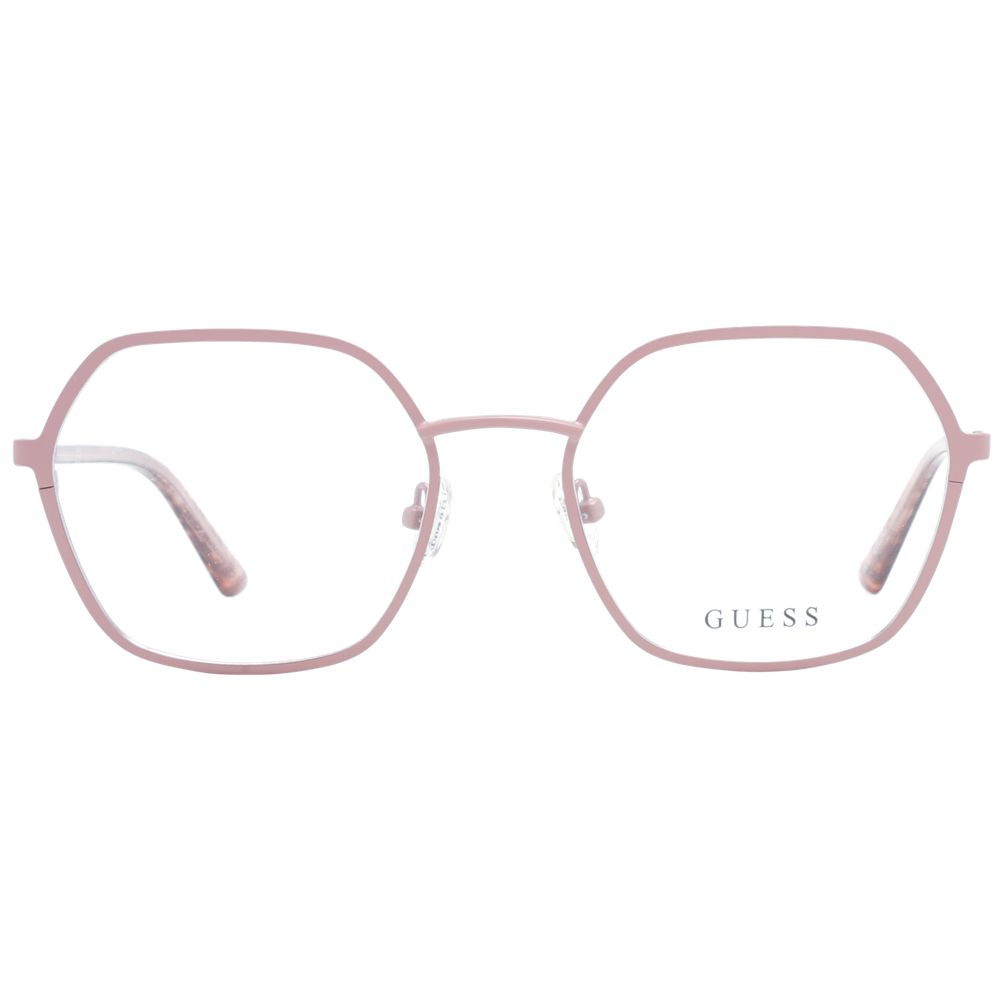 Guess Pink Women Glasses Frame with rose metal full-rim and demo plastic lenses, round style, includes branded case