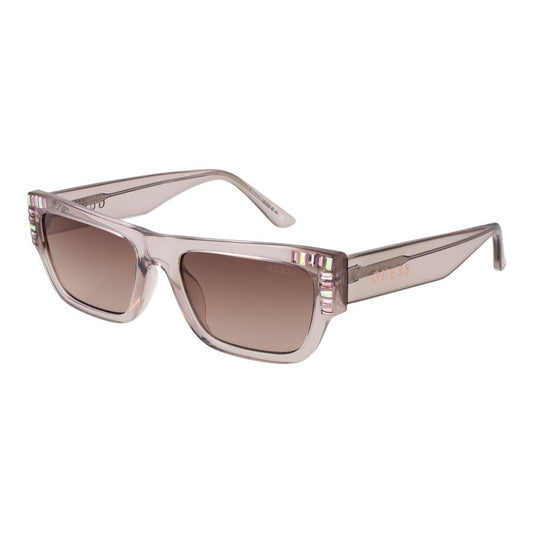 Guess Pink Women Sunglass with rose full-rim plastic frame and gradient brown lenses, rectangle style, includes branded case.