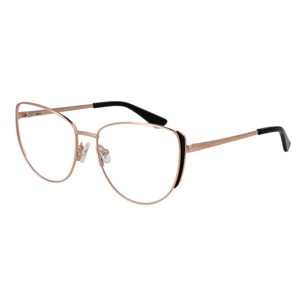 Guess Rose Gold Women Glasses Frame, metal full-rim butterfly style with demo lenses, plastic material, rose gold color.