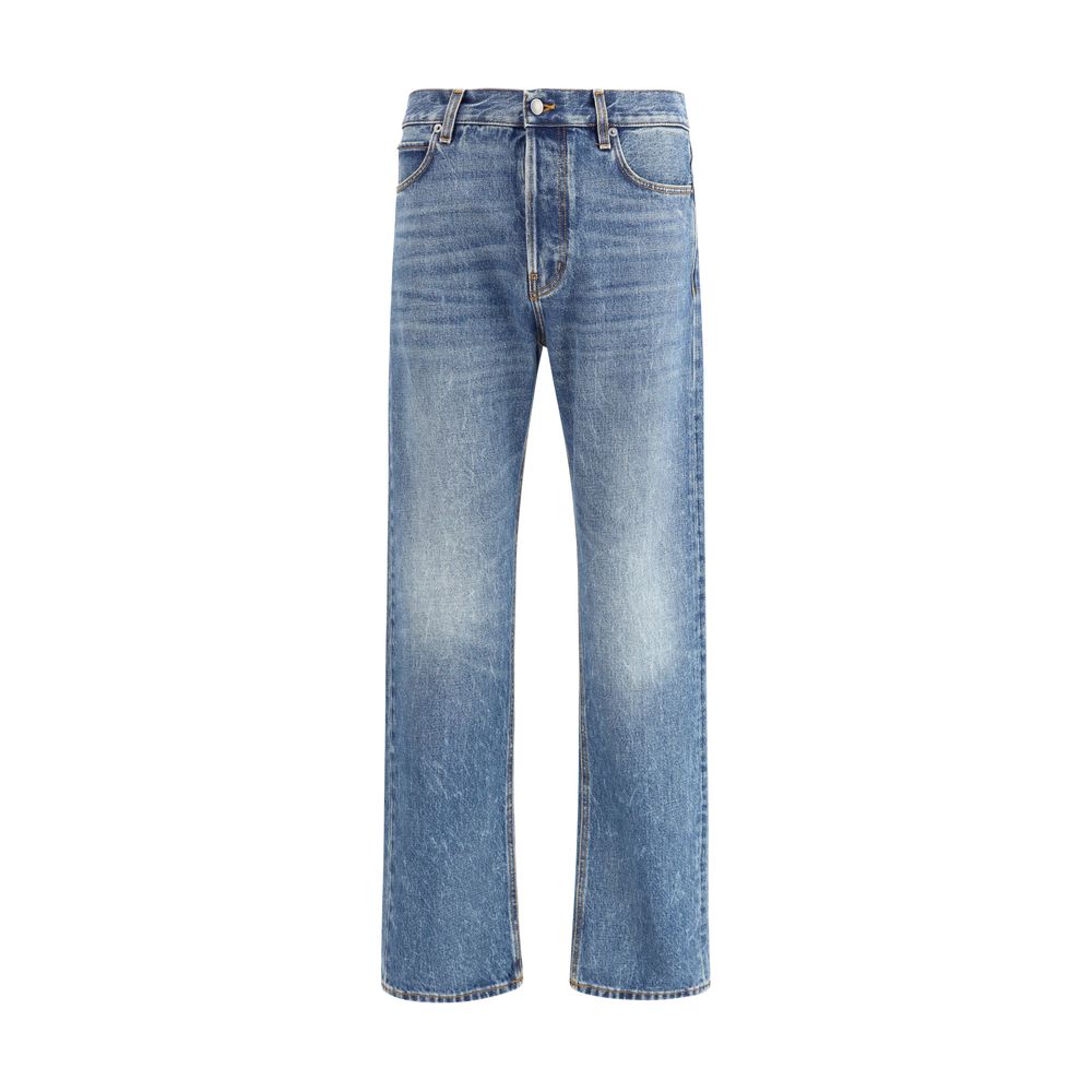 Haikure Blue Cotton Straight-Leg Jeans with five-pocket design, regular fit, leather patch, AW25 collection.