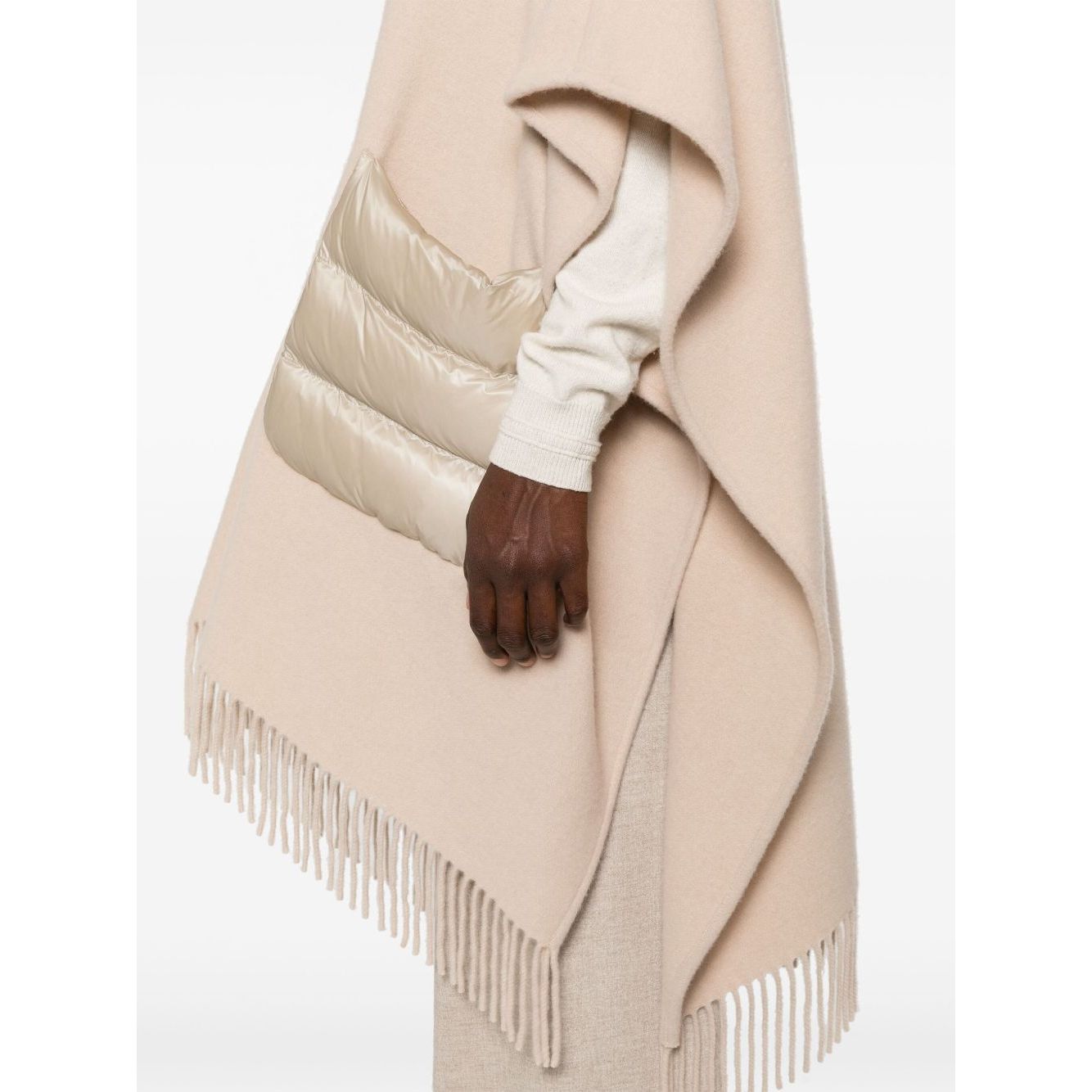 Herno Jackets Powder with beige wool-cashmere blend, brushed finish cape, quilted panels, and fringed edge, showcasing elegant design.