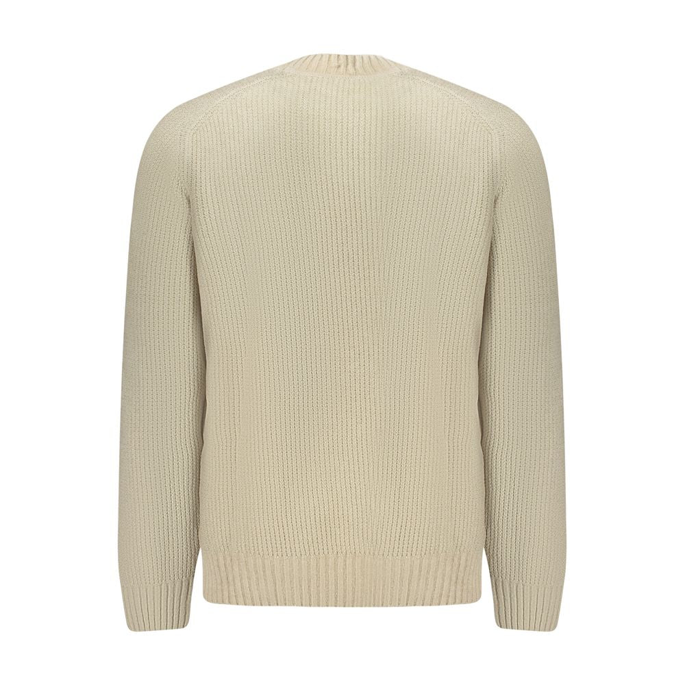 Back view of Hugo Boss Beige Cotton Sweater, long sleeve chenille crew neck with logo.