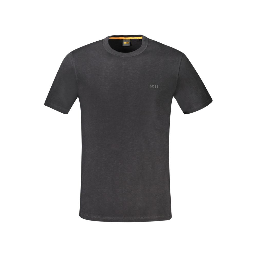 Hugo Boss Black Cotton T-Shirt with short sleeves, crew neck, and logo print displayed on a plain background.