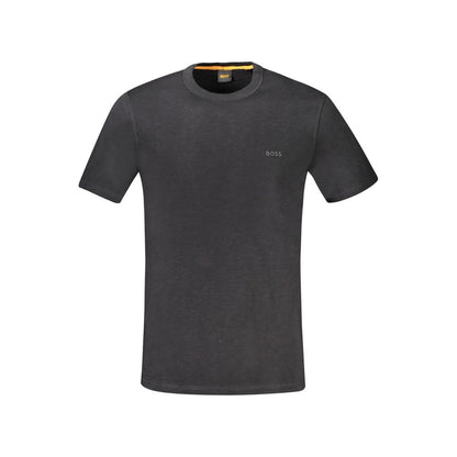 Hugo Boss Black Cotton T-Shirt with short sleeves, crew neck, and logo print displayed on a plain background.