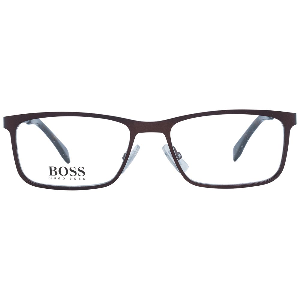 Hugo Boss Brown Men Glasses Frame, full-rim rectangle style, stainless steel, demo lenses, includes branded case, size 53-17-145.