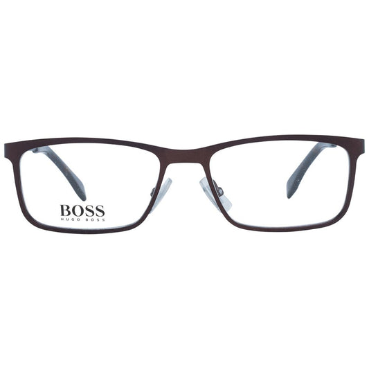 Hugo Boss Brown Men Glasses Frame, full-rim rectangle style, stainless steel, demo lenses, includes branded case, size 53-17-145.