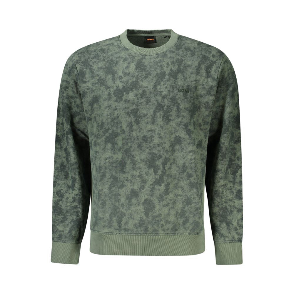 Hugo Boss Green Cotton Men Sweater with brushed cotton, contrasting accents, and embroidered logo for luxury style and comfort.