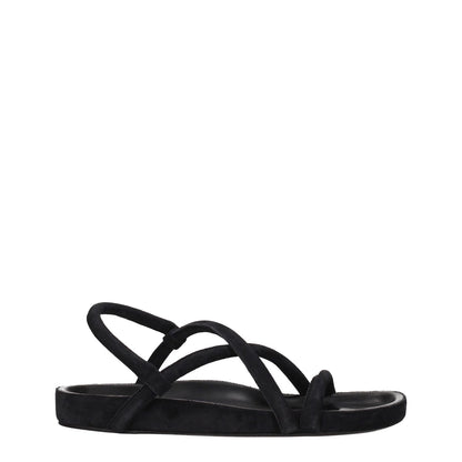Isabel Marant Black Leather Flat Sandals with suede material, open toe, low flat heel, and vintage aged effect design.