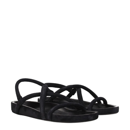 Isabel Marant Black Leather Flat Sandals with suede in black, featuring an open toe and low flat heel, showcasing a casual vintage style.