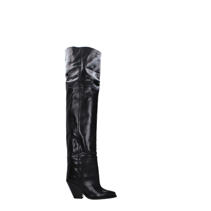 Isabel Marant Black Leather Over The Knee boots, high heel, square toe, 9.5 cm heel height, casual style, leather sole