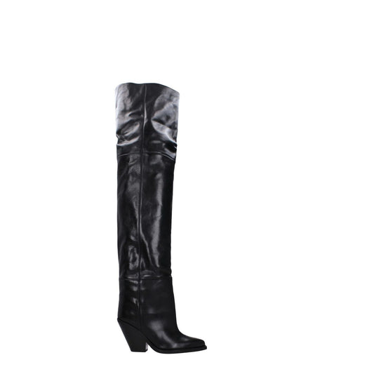Isabel Marant Black Leather Over The Knee boots, high heel, square toe, 9.5 cm heel height, casual style, leather sole