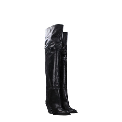 Isabel Marant Black Leather Over The Knee high heel boots with square toe, leather sole, 9.5 cm heel height, casual style.