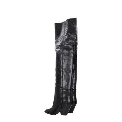 Isabel Marant Black Leather Over The Knee boots with square toe and high heel