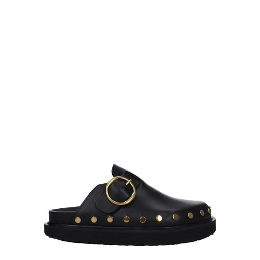 Isabel Marant Black Leather Slippers, vintage style with gold studs and buckle closure, low flat heel, rubber sole, round toe.