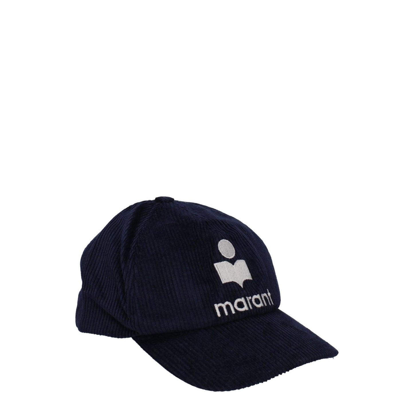 Isabel Marant Blue Cotton Cap (Baseball Hat) with front logo in midnight blue, made of 74% cotton and 28% linen, featuring a strap closure.