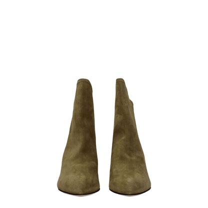 Front view of Isabel Marant Gray Leather Ankle Boots with pointy toe and mid heels, featuring gray suede and leather sole.