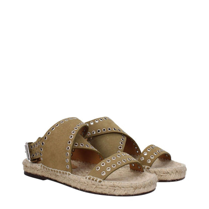 Isabel Marant Green Leather Sandals with studs, open toe, and buckle closure, featuring a low flat heel and leather sole.